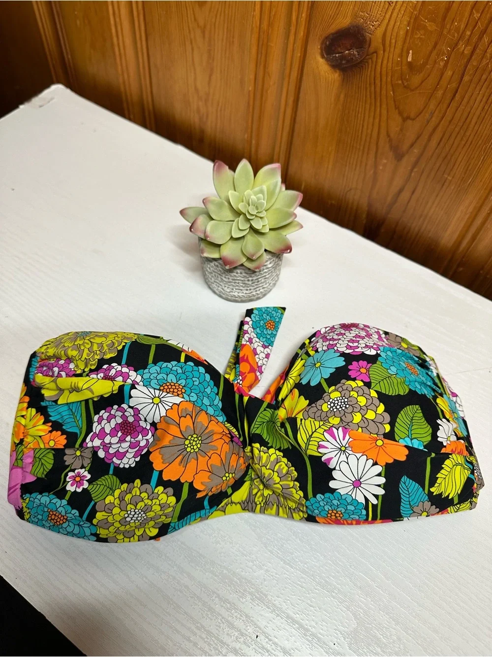 Trina Turk Black Floral Bandeau Swim Top with Multicolor Blooms